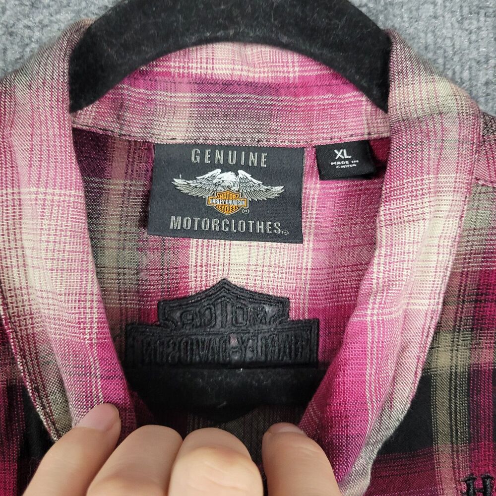 HARLEY DAVIDSON Pink Plaid Floral Embroidered Western Button Up Shirt SIZE XL - Picture 11 of 16